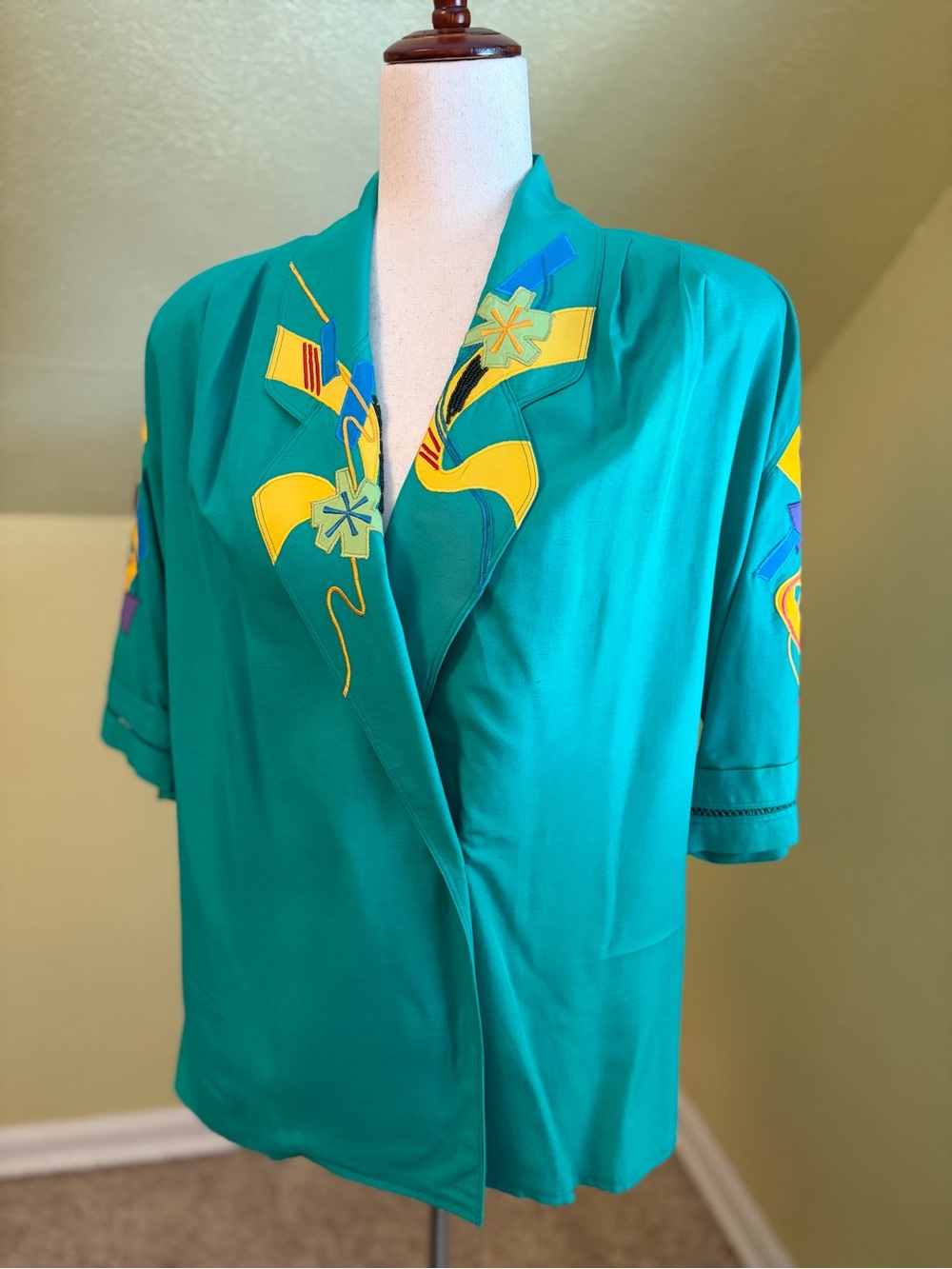 VTG 1980’s Marc D’Alcy Golden Girls Teal Rayon Linen Blazer Shoulder Pads